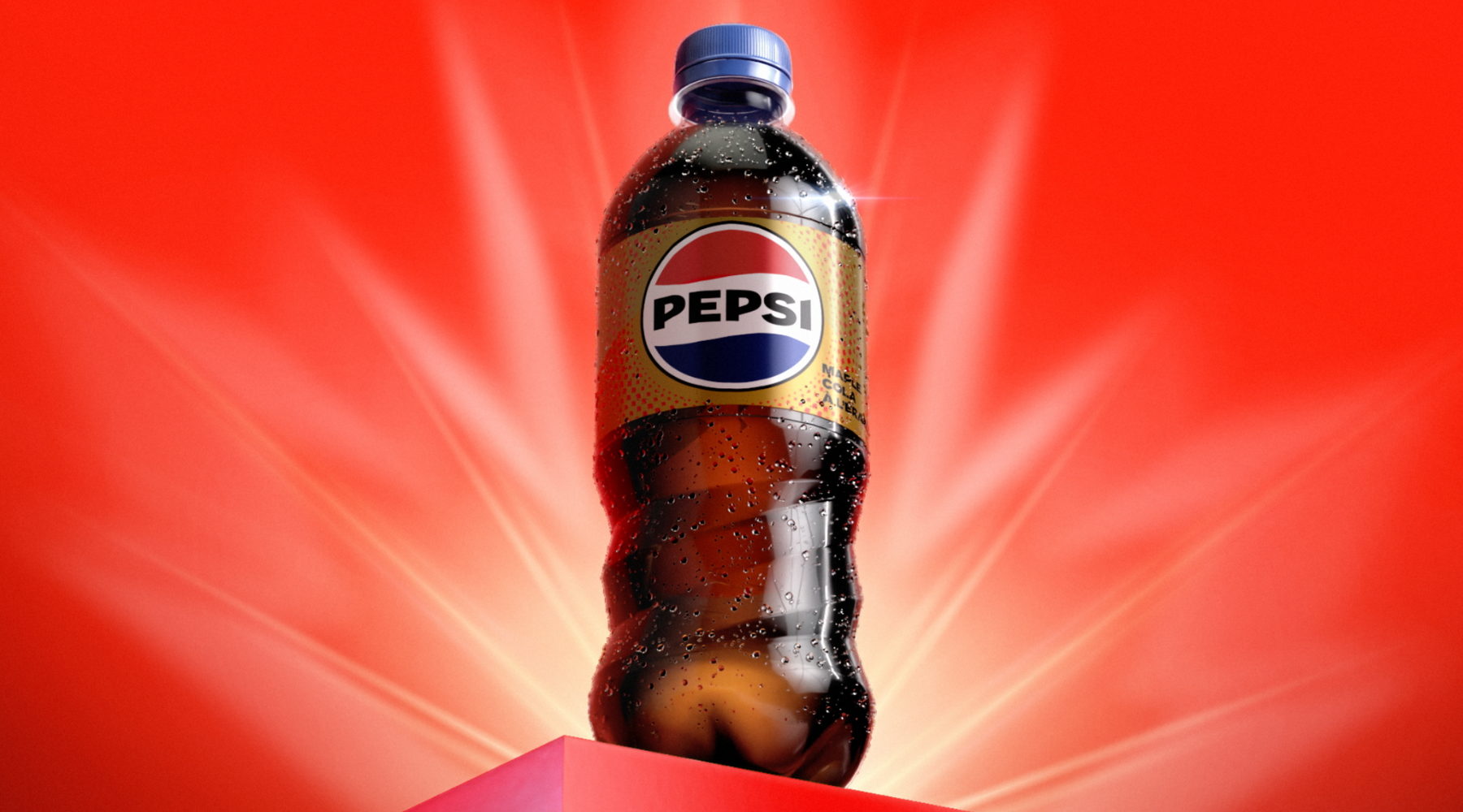 A chilled bottle of Pepsi with condensation droplets stands on a red pedestal against a glowing red background with light rays highlighting the bottle.